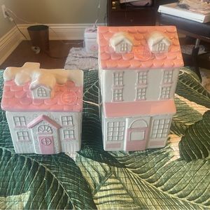 2 BRAND NEW VILLAGE GINGERBREAD HOUSES COOKIE JARS